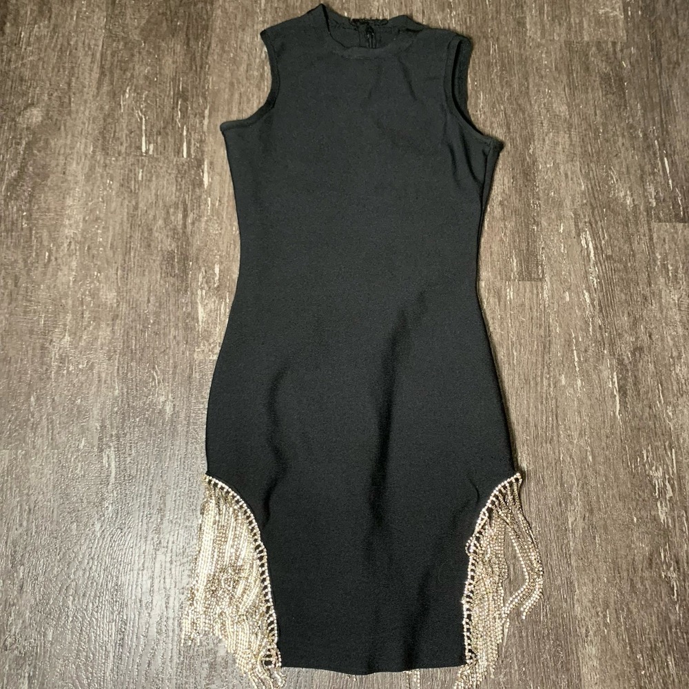 Ma Cherie Rhinestone Chain Trimmed Black Sleeveless Mini Dress Size M Cowgirl